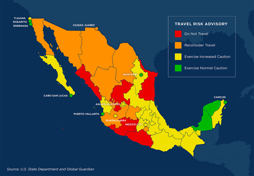 map of no travel in mexico